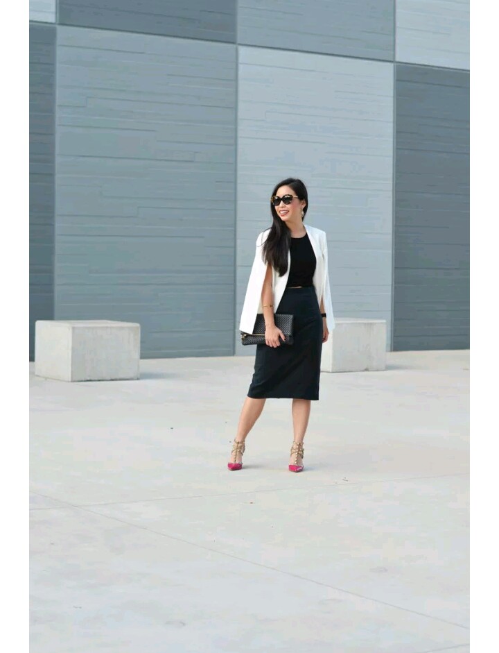 ways to wear black pencil skirt and cape blazer