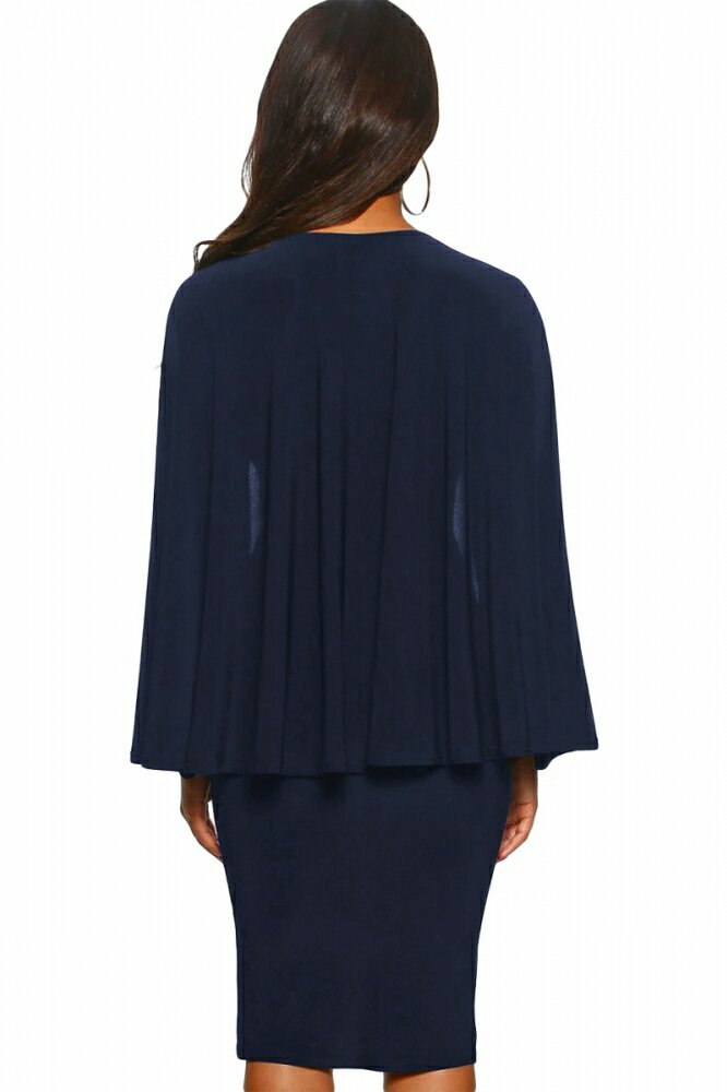Back view of Blue Manhattan moment Cape wrap front midi dress Back view of Blue Manhattan moment Cape wrap front midi dress