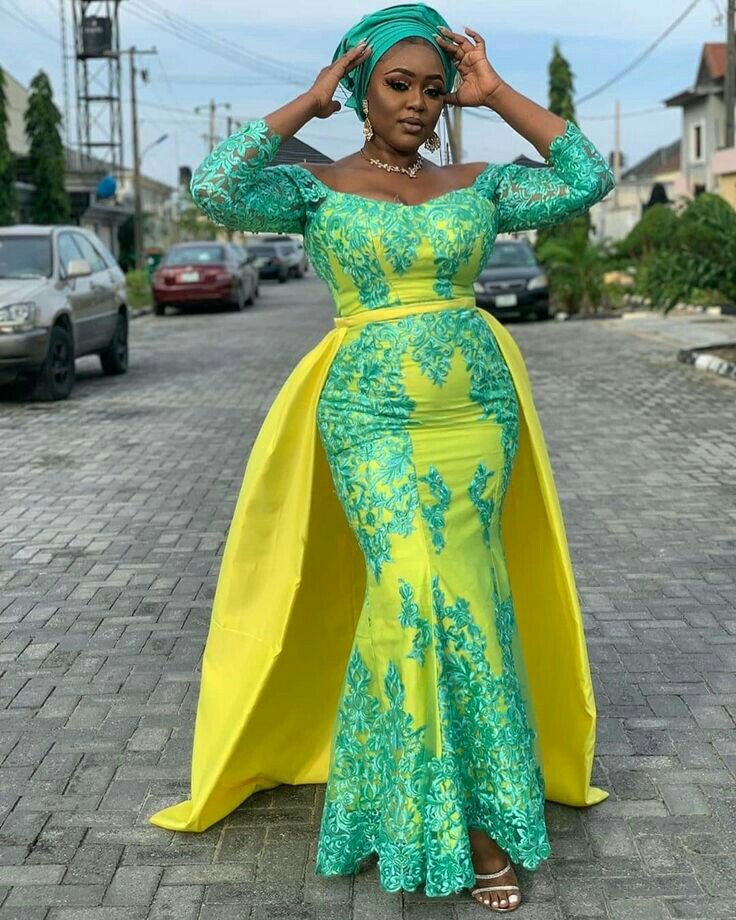Yellow and green lace gown with train
