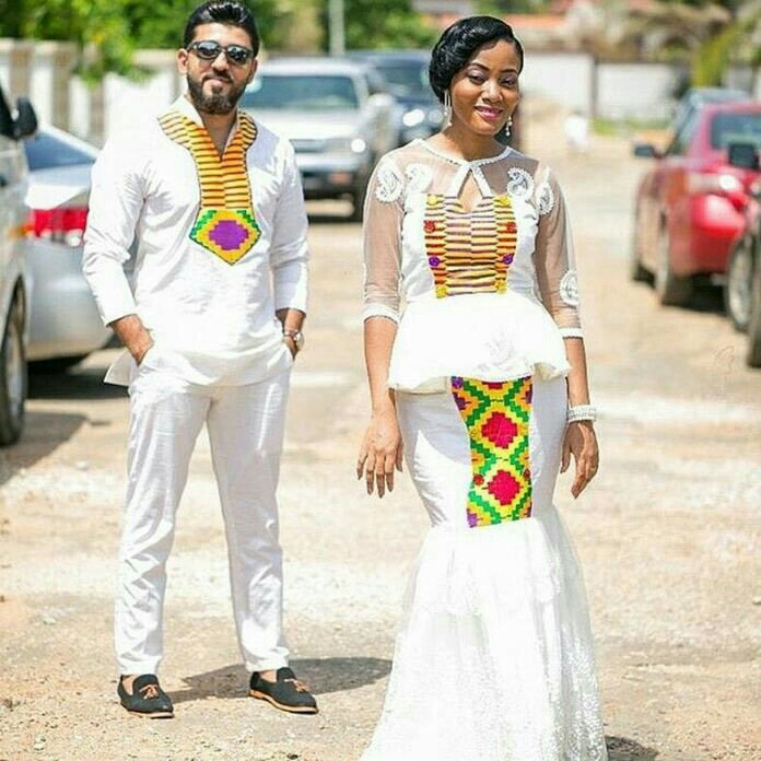 White fabric with Kente mix for wedding White fabric with Kente mix for wedding