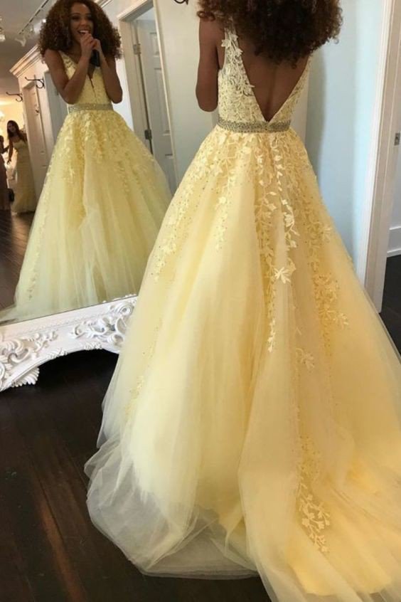 Yellow lace floor length prom dress