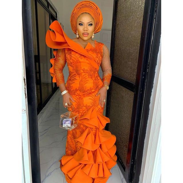 Long orange lace gown