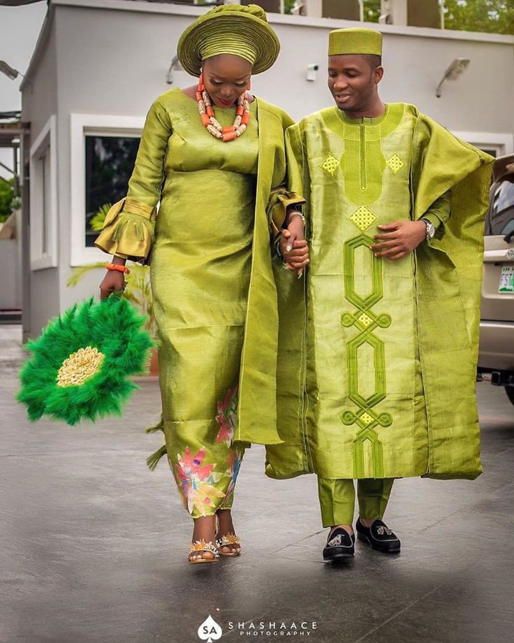 Green Aso oke with embroidery 