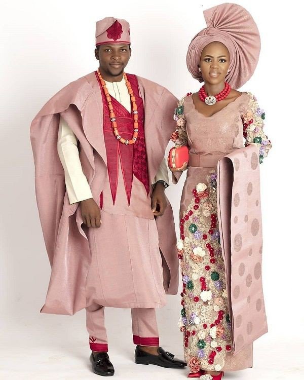 Onion pink bride and groom outfit 