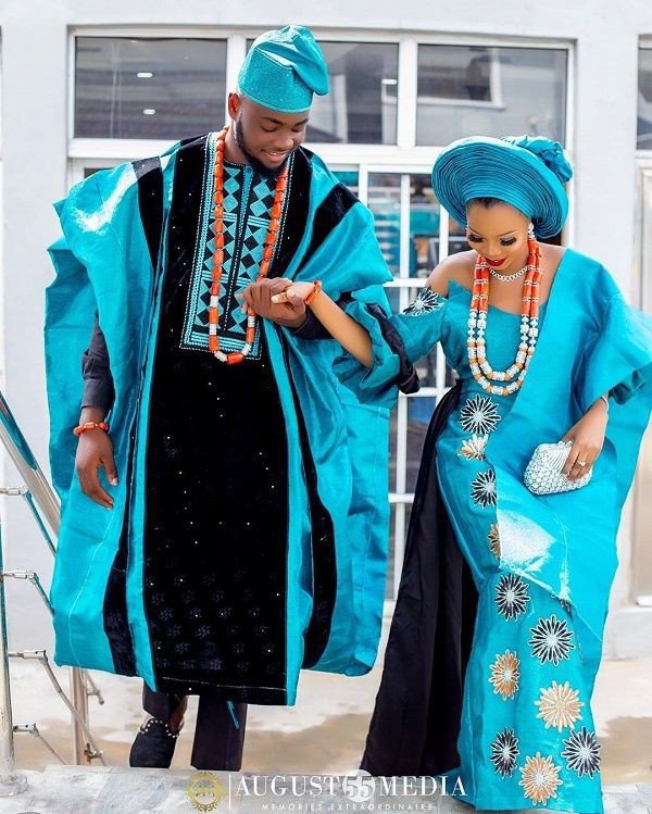Sea green and black aso oke combination