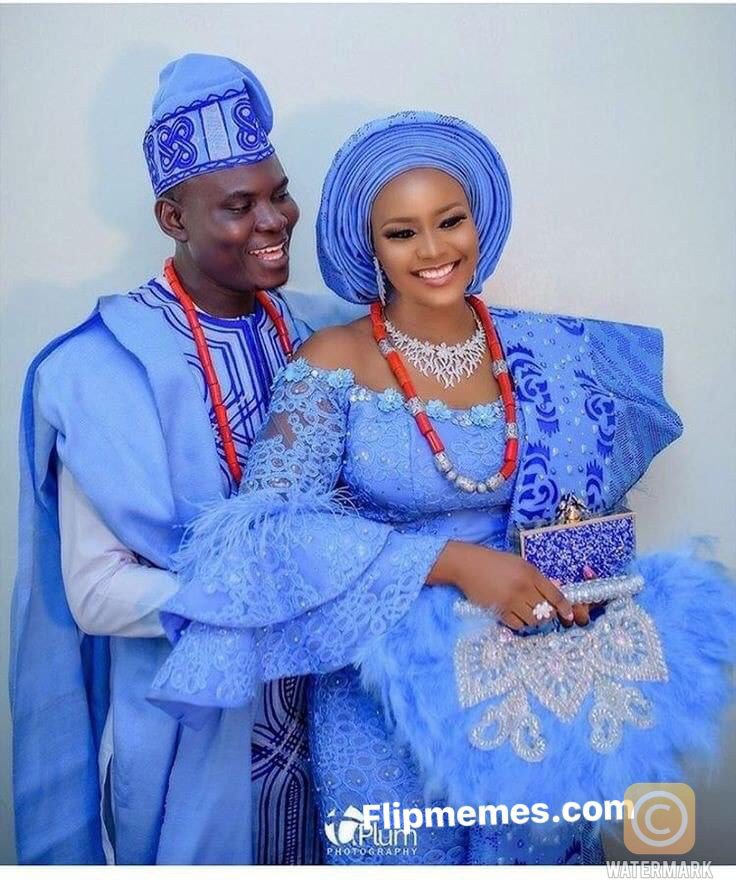 Powder blue aso oke design for wedding