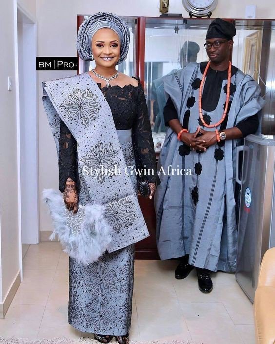 Ash and black aso oke combination styles
