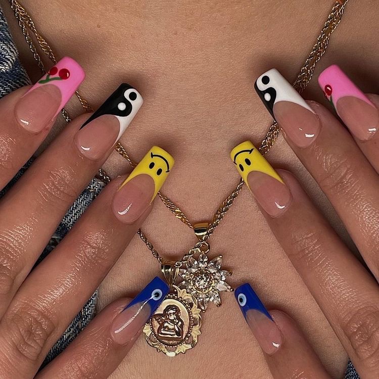 Trendy acrylic emoji nails