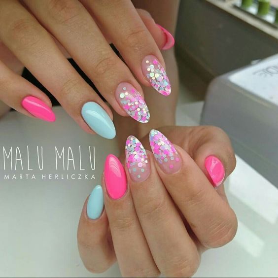 Pink and blue shimmer nails